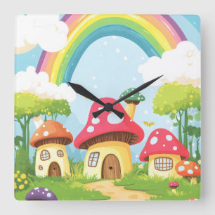 Mushroom houses and rainbow 11 square wall clock