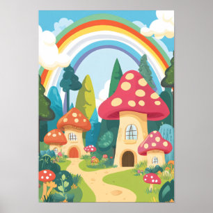 Mushroom houses and rainbow 12 poster