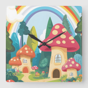 Mushroom houses and rainbow 12 square wall clock