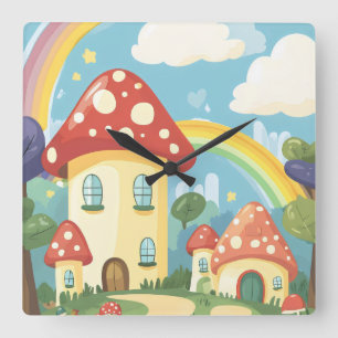 Mushroom houses and rainbow 12 square wall clock