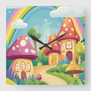 Mushroom houses and rainbow 13 square wall clock