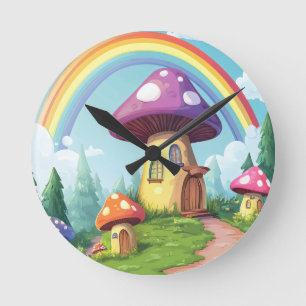 Mushroom houses and rainbow 14 round clock