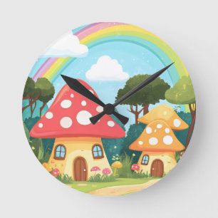 Mushroom houses and rainbow 15 round clock