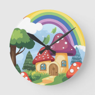 Mushroom houses and rainbow 2 round clock