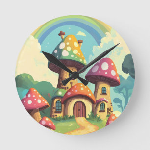 Mushroom houses and rainbow 4 round clock