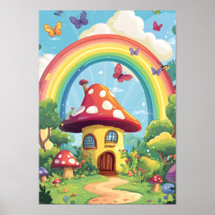 Mushroom houses and rainbow 7 poster