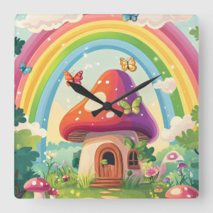 Mushroom houses and rainbow 9 square wall clock