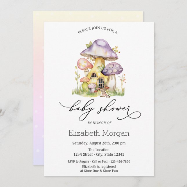 Mushroom Houses Ombre Polka Dots Invitation (Front/Back)