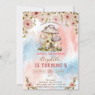 Mushroom Houses Watercolor Flowers Splash Birthday Invitation