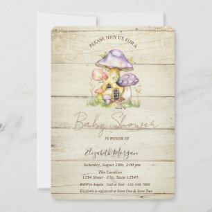 Mushroom Houses Wood Texture Baby Shower Invitation