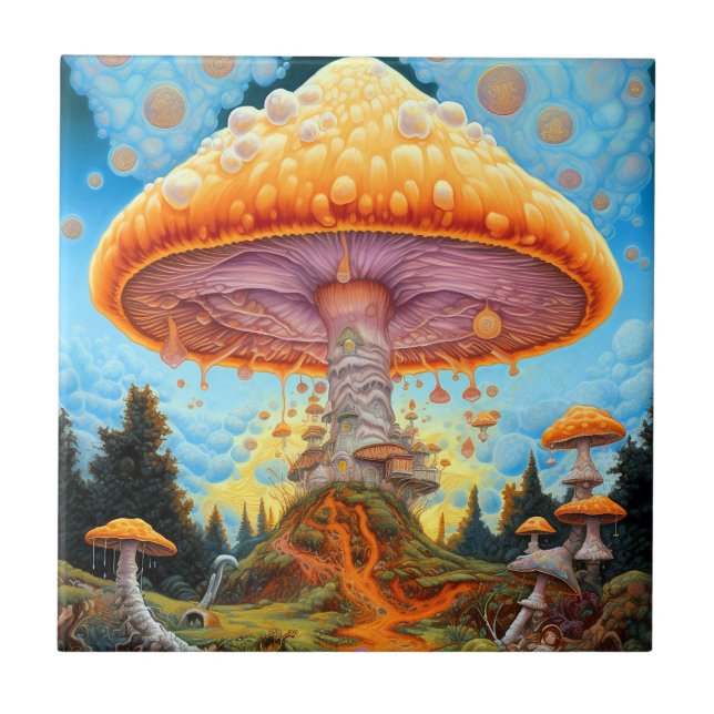 Mushroom Landscape Surreal Fantasy Art Ceramic Tile (Front)