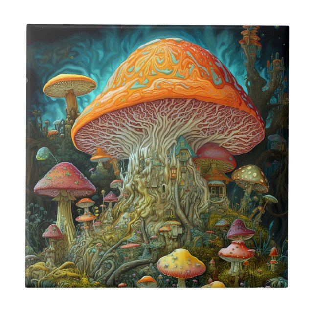 Mushroom Landscape Surreal Fantasy Art Ceramic Tile (Front)