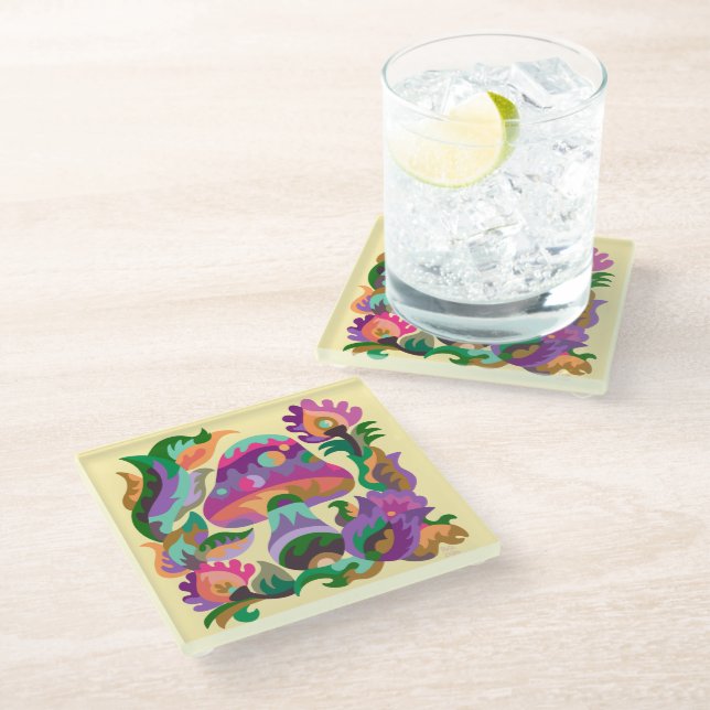 Mushroom Magic Rainbow Glass Coaster (Angled)
