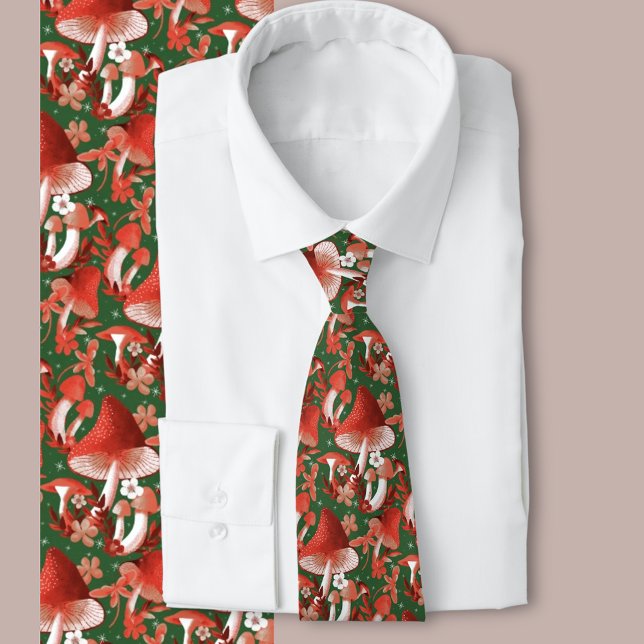 Mushroom Magic red and green Tie (Magical mushroom pattern on a deep green background )