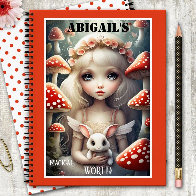 Mushroom Magical Fantasy Fairy Notebook (Cute colorful notebook featuring an illustration of a fairy girl with an angel rabbit and mushrooms)