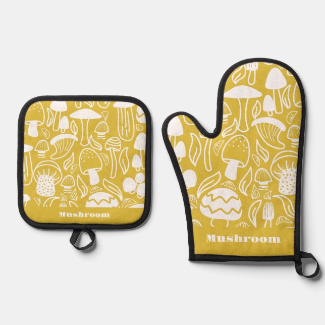 Mushroom Mustard White Oven Mitt & Pot Holder Set (Front)