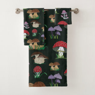 Mushroom Pattern on Dark Green Bath Towel Set