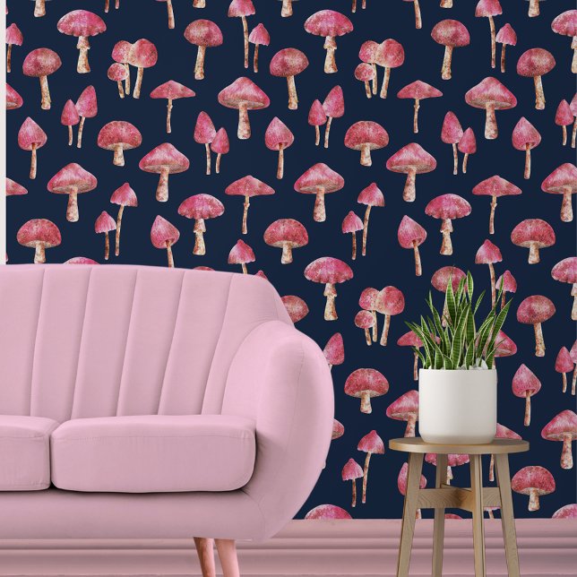 Mushroom pattern wallpaper (pink mushroom and navy wallpaper)