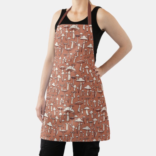Mushroom Print on Terracotta Brown Apron (Insitu)
