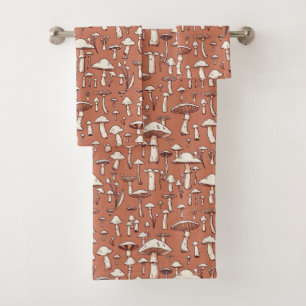 Mushroom Print on Terracotta Brown Bath Towel Set