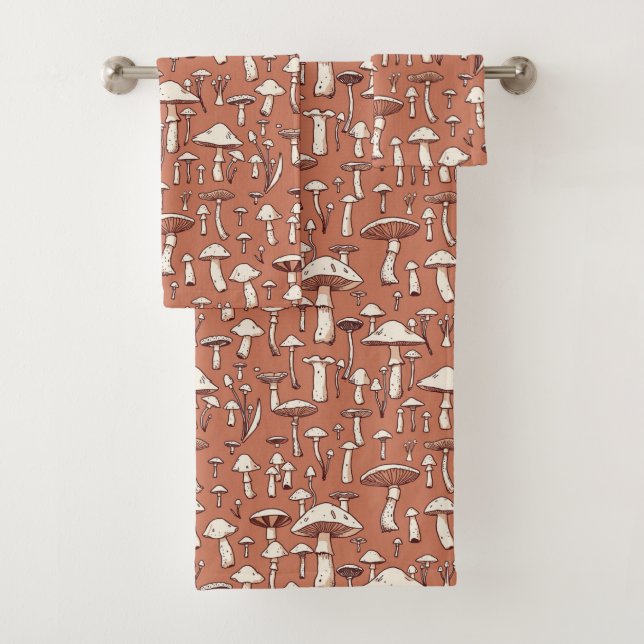 Mushroom Print on Terracotta Brown Bath Towel Set (Insitu)