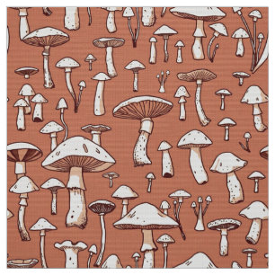 Mushroom Print on Terracotta Brown Fabric