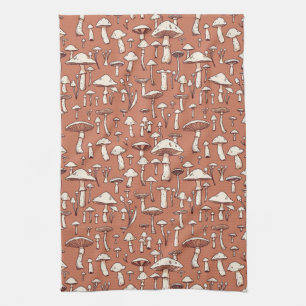Mushroom Print on Terracotta Brown Tea Towel