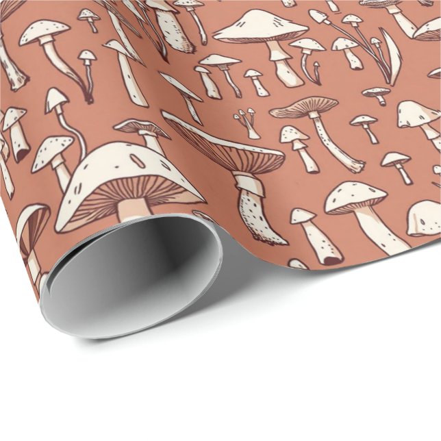 Mushroom Print on Terracotta Brown Wrapping Paper (Roll Corner)