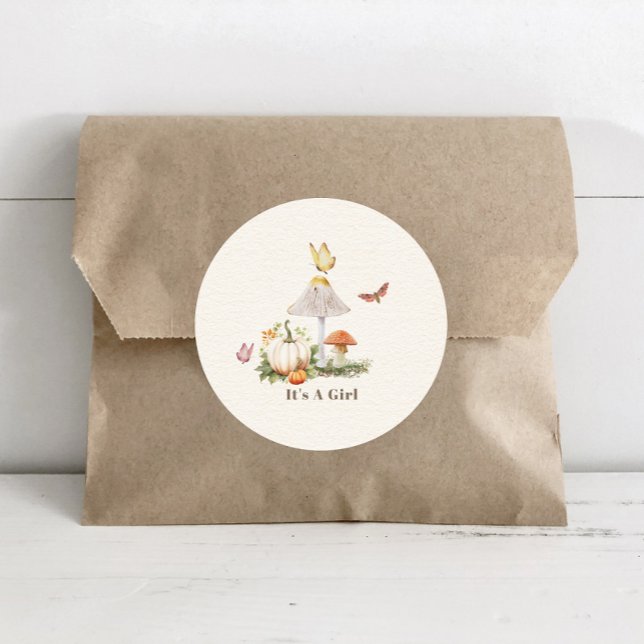 Mushroom Pumpkin Butterfly Woodland Baby Shower Classic Round Sticker (Creator Uploaded)