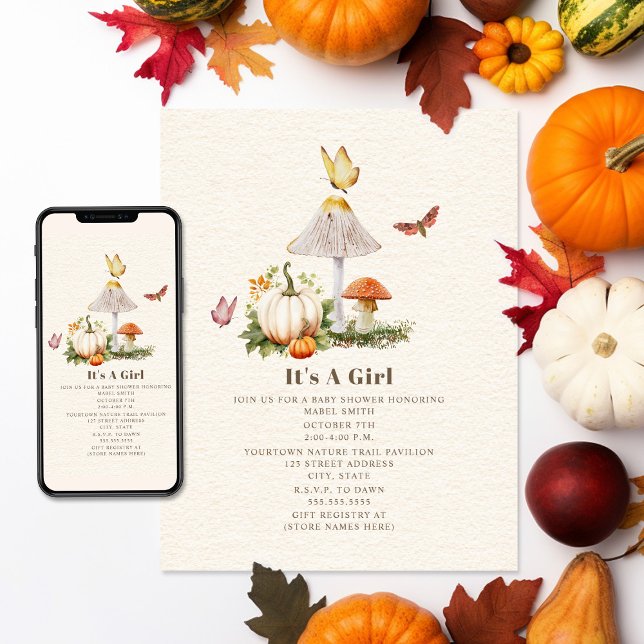 Mushroom Pumpkin Butterfly Woodland Baby Shower Invitation (Creator Uploaded)