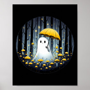 Mushroom Spooky Ghost Halloween Yellow Umbrella Poster