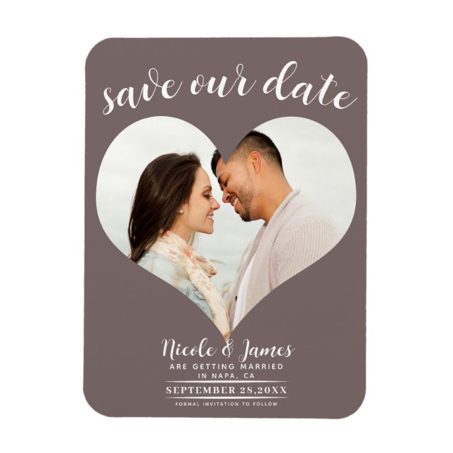 Mushroom Taupe Heart Photo Wedding Save the Date Magnet (Vertical)