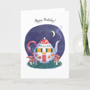 Mushroom Teapot Cottage Birthday Card