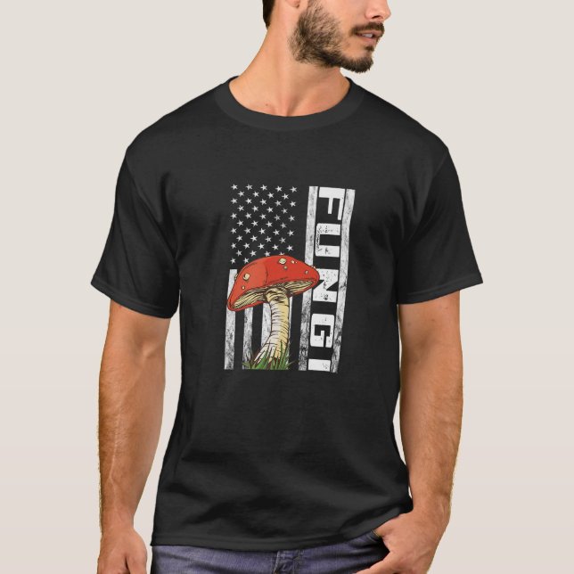 Mushroom USA Flag America Fungi Morels Hunter Myco T-Shirt (Front)