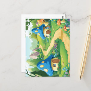 Mushroom village in forest postcard