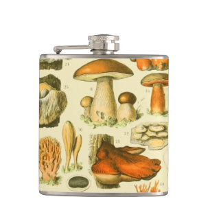 Mushroom Vintage Toadstool Antique Illustration Hip Flask