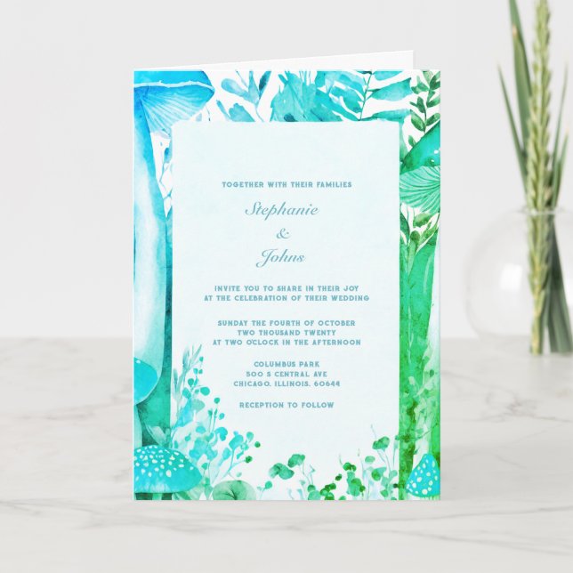 Mushroom Woodland Abstract Blue Green Boho Wedding Invitation (Front)