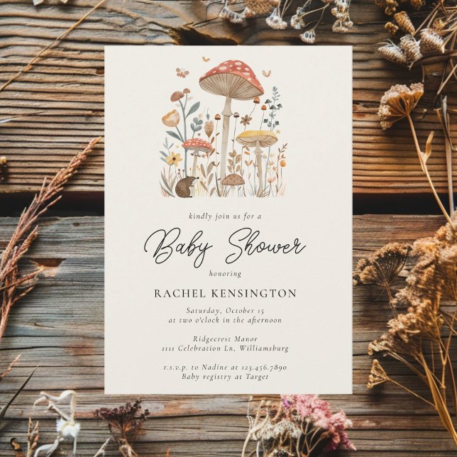 Mushroom Woodland Butterflies Modern Baby Shower Invitation (Creator Uploaded)