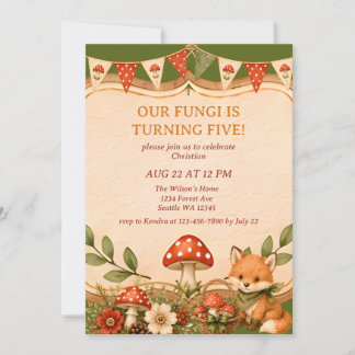 Mushroom Woodland Fox Boys Fifth Birthday Invitation