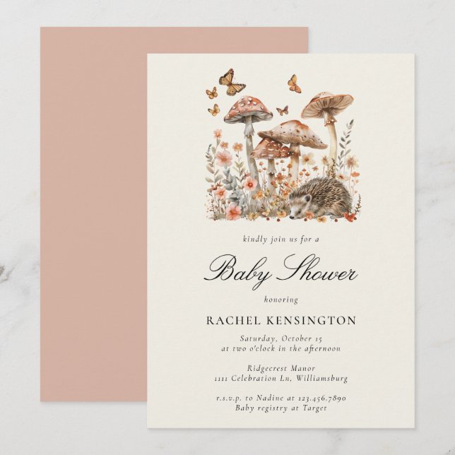Mushroom Woodland Hedgehog Butterflies Baby Shower Invitation (Front/Back)