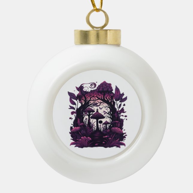 Mushroom Woods Whimsigoth Witchy Screenprint Desig Ceramic Ball Christmas Ornament (Front)