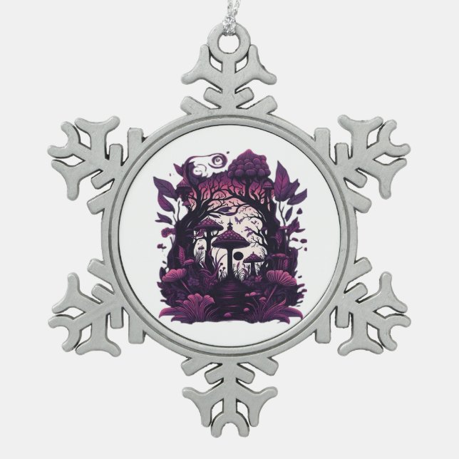 Mushroom Woods Whimsigoth Witchy Screenprint Desig Snowflake Pewter Christmas Ornament (Front)
