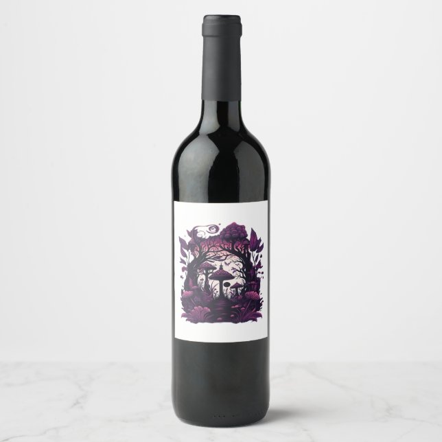 Mushroom Woods Whimsigoth Witchy Screenprint Desig Wine Label (Front)