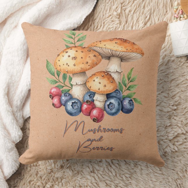 Mushrooms and Berries on Brown Throw Pillow (Blanket)