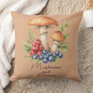 Mushrooms and Berries on Brown Throw Pillow