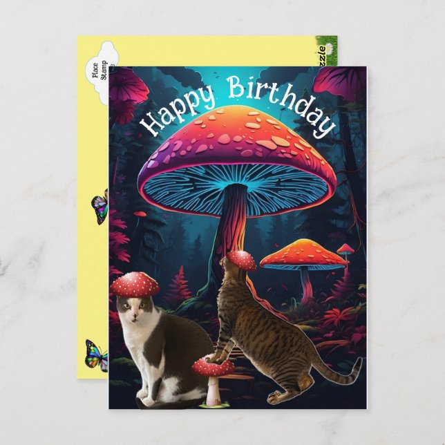 Mushrooms and Cats Birthday Postcard (Front/Back)