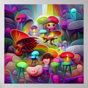 Mushrooms and fairies cartoon artwork   poster