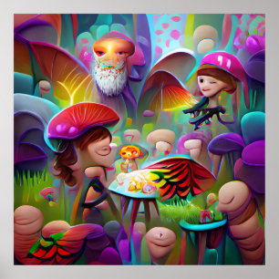 Mushrooms and fairies cartoon artwork   poster
