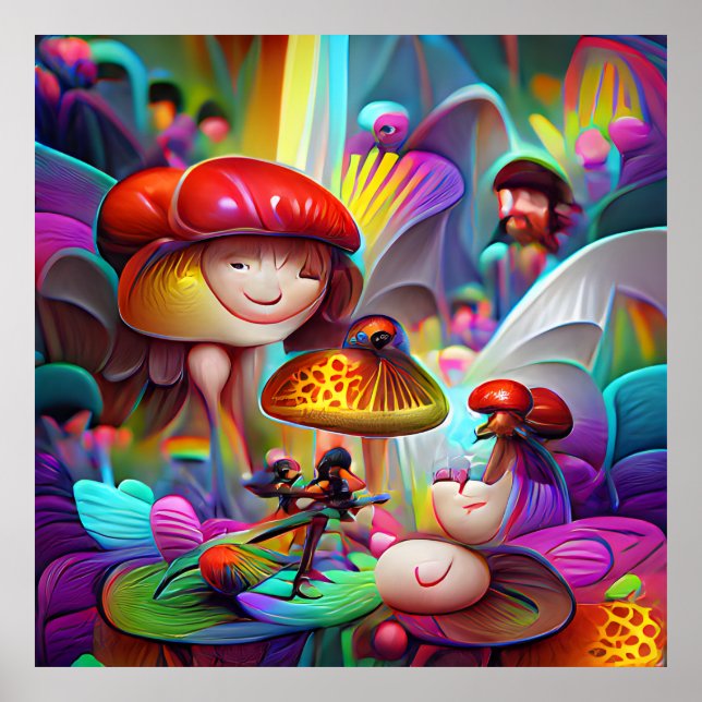 Mushrooms and fairies cartoon artwork   poster (Front)