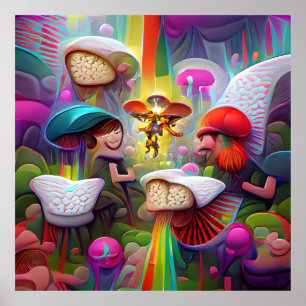 Mushrooms and fairies cartoon artwork poster